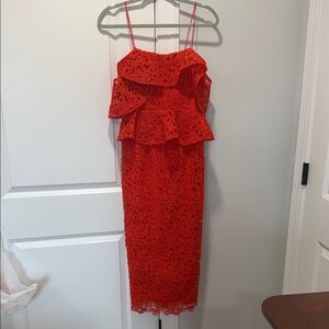 Marchesa Vibrant Red Lace Midi Dress